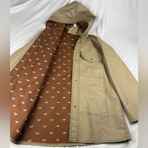 Men's Beige Hooded Raincoat with Patterned Lining